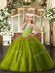 Fantastic Olive Green Tulle Lace Up Kids Formal Wear Sleeveless Floor Length Beading