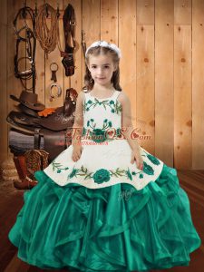 Teal Pageant Dress for Girls Sweet 16 and Quinceanera with Embroidery and Ruffles Straps Sleeveless Lace Up