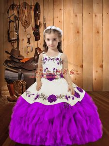 Floor Length Purple Little Girl Pageant Dress Organza Sleeveless Embroidery and Ruffles
