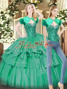 Fancy Turquoise Ball Gowns Tulle Sweetheart Sleeveless Beading and Ruffled Layers Floor Length Lace Up Quince Ball Gowns