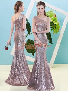 Sequins Pink Zipper Sleeveless Floor Length