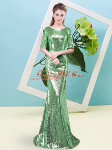 Most Popular Green Half Sleeves Sequined Zipper Prom Evening Gown for Prom and Party