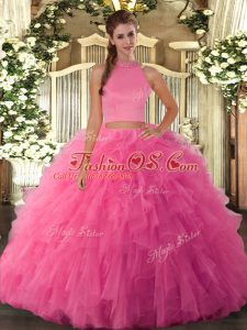 Floor Length Hot Pink Vestidos de Quinceanera Tulle Sleeveless Beading and Ruffles