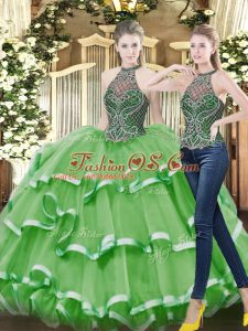 Amazing Green Organza Lace Up High-neck Sleeveless Floor Length 15th Birthday Dress Beading and Ruffled Layers