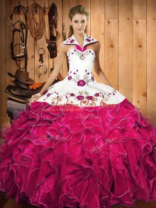 Amazing Fuchsia Ball Gowns Halter Top Sleeveless Satin and Organza Floor Length Lace Up Embroidery and Ruffles 15 Quinceanera Dress