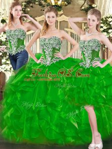 High Class Floor Length Green Quinceanera Gown Organza Sleeveless Beading and Ruffles
