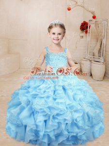 Baby Blue Child Pageant Dress Sweet 16 and Quinceanera with Beading and Ruffles Straps Sleeveless Lace Up
