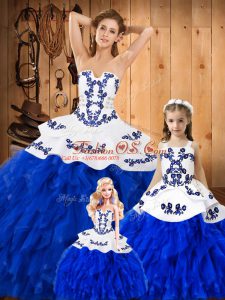 Royal Blue Lace Lace Up Strapless Sleeveless Floor Length Quinceanera Dress Embroidery and Ruffles