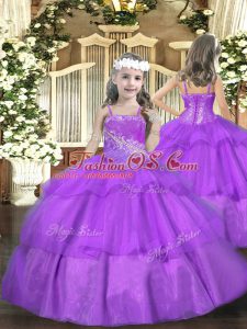Latest Purple Sleeveless Beading and Ruffled Layers Floor Length Little Girl Pageant Dress