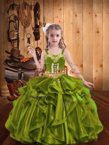 Straps Sleeveless Pageant Dress Womens Floor Length Embroidery and Ruffles Olive Green Organza