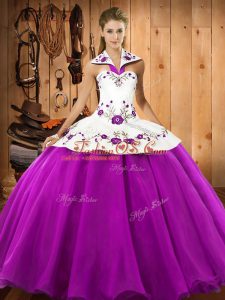 Smart Fuchsia Satin and Tulle Lace Up Quinceanera Dresses Sleeveless Floor Length Embroidery