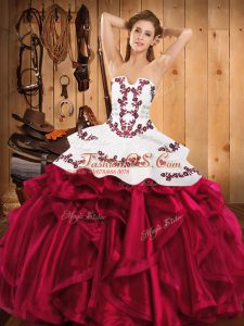 Captivating Satin and Organza Strapless Sleeveless Lace Up Embroidery and Ruffles Quinceanera Gown in Hot Pink