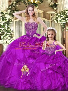 Fashionable Fuchsia Ball Gowns Beading and Ruffles Sweet 16 Quinceanera Dress Lace Up Organza Sleeveless Floor Length