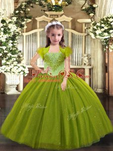 Trendy Ball Gowns Kids Formal Wear Olive Green Straps Tulle Sleeveless Floor Length Lace Up
