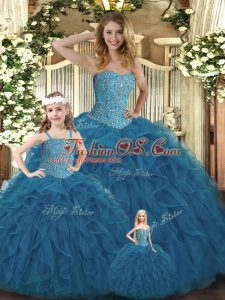 Fantastic Teal Organza Lace Up Quinceanera Dress Sleeveless Floor Length Beading and Ruffles