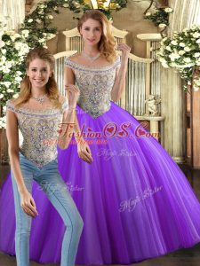 Eggplant Purple Sleeveless Floor Length Beading Lace Up Quinceanera Gowns