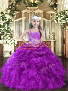 Glorious Floor Length Purple Child Pageant Dress Organza Sleeveless Beading and Ruffles