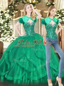 Fantastic Floor Length Lace Up Quinceanera Gown Green for Military Ball and Sweet 16 and Quinceanera with Beading and Ruffles