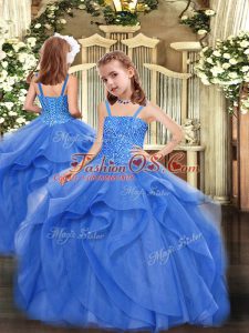 New Style Blue Sleeveless Floor Length Beading and Ruffles Lace Up Kids Pageant Dress