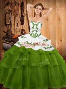 Affordable Olive Green Lace Up Strapless Embroidery and Ruffled Layers Quinceanera Dress Tulle Sleeveless Sweep Train