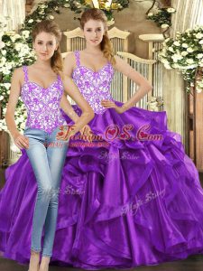 Tulle Sleeveless Floor Length 15 Quinceanera Dress and Beading and Ruffles