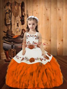 Orange Ball Gowns Organza Straps Sleeveless Embroidery and Ruffles Floor Length Lace Up Kids Pageant Dress