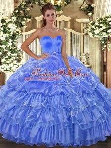 Baby Blue Sleeveless Floor Length Beading and Ruffled Layers Lace Up Quinceanera Gown