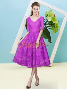 Smart Fuchsia Lace Up V-neck Bowknot Vestidos de Damas Lace Half Sleeves