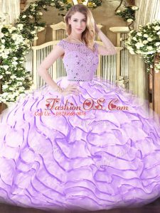 Unique Lavender Ball Gowns Tulle Bateau Sleeveless Beading and Ruffled Layers Zipper 15 Quinceanera Dress Sweep Train