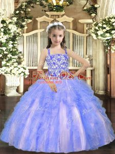 Floor Length Light Blue Little Girl Pageant Gowns Straps Sleeveless Lace Up