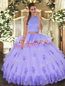 Halter Top Sleeveless Backless Quince Ball Gowns Lavender Tulle