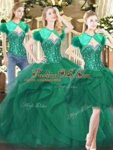 Sweetheart Sleeveless Quinceanera Dress Floor Length Beading and Ruffles Dark Green Tulle