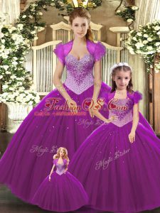 Customized Fuchsia Sleeveless Floor Length Beading Lace Up 15 Quinceanera Dress