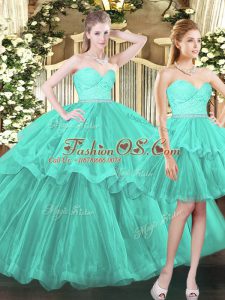 Custom Design Aqua Blue Ball Gowns Tulle Sweetheart Sleeveless Ruffled Layers Floor Length Lace Up Sweet 16 Dress