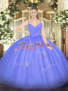 Sleeveless Floor Length Appliques Zipper Quinceanera Dress with Blue