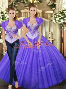 Custom Design Purple Lace Up Sweet 16 Dress Beading Sleeveless Floor Length