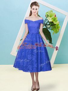 Blue Lace Lace Up Off The Shoulder Cap Sleeves Tea Length Dama Dress for Quinceanera Bowknot