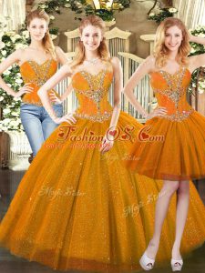 Orange Red Tulle Lace Up Sweetheart Sleeveless Floor Length Quince Ball Gowns Beading