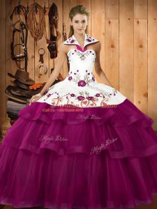 Glittering Lace Up Quinceanera Gowns Fuchsia for Military Ball and Sweet 16 and Quinceanera with Embroidery and Ruffled Layers Sweep Train