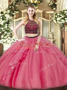 Stylish Organza Halter Top Sleeveless Zipper Beading and Ruffles 15th Birthday Dress in Coral Red