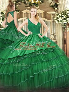 Customized Sleeveless Floor Length Beading and Lace and Embroidery and Ruffled Layers Backless Sweet 16 Quinceanera Dress with Dark Green