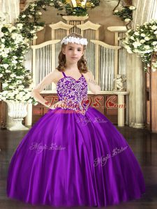 Purple Satin Lace Up Straps Sleeveless Floor Length Pageant Gowns For Girls Beading