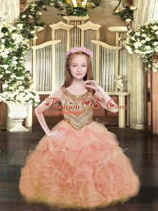 Orange Ball Gowns Beading and Ruffles and Pick Ups Pageant Gowns For Girls Lace Up Organza Sleeveless Floor Length