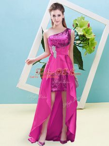 Affordable Fuchsia A-line Beading and Sequins Lace Up Elastic Woven Satin and Sequined Sleeveless High Low