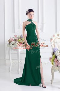 Fabulous Dark Green Elastic Woven Satin Lace Up Prom Dresses Sleeveless Sweep Train Beading