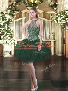 Dark Green Ball Gowns Organza Halter Top Sleeveless Beading and Ruffles Mini Length Lace Up Homecoming Dress