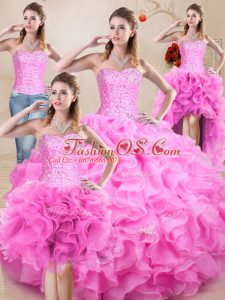 Floor Length Rose Pink Sweet 16 Dresses Organza Sleeveless Beading and Ruffles