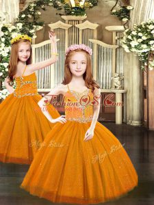Floor Length Rust Red Little Girls Pageant Gowns Tulle Sleeveless Beading