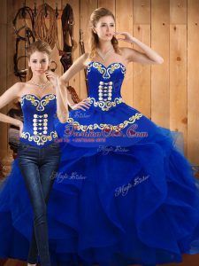 Traditional Embroidery and Ruffles Sweet 16 Dress Blue Lace Up Sleeveless Floor Length