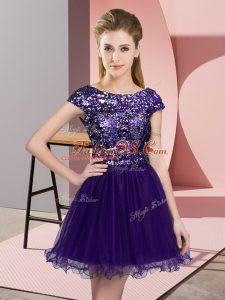 Cap Sleeves Zipper Mini Length Sequins Quinceanera Dama Dress